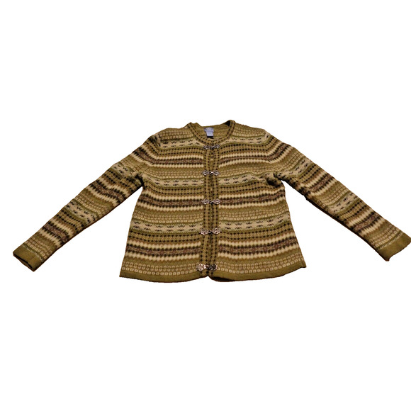 Frost Women Large Sweater Cardigan Lambs Wool Green Nordic Metal Clasps Soft - Picture 1 of 8